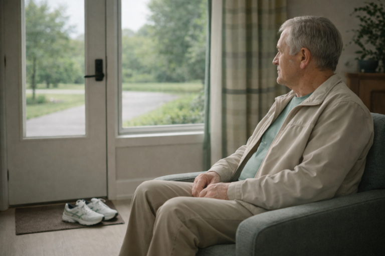 An older adult seated indoors near a window, looking outside toward a walking path or quiet street. Walking shoes are placed neatly near the door, unused.