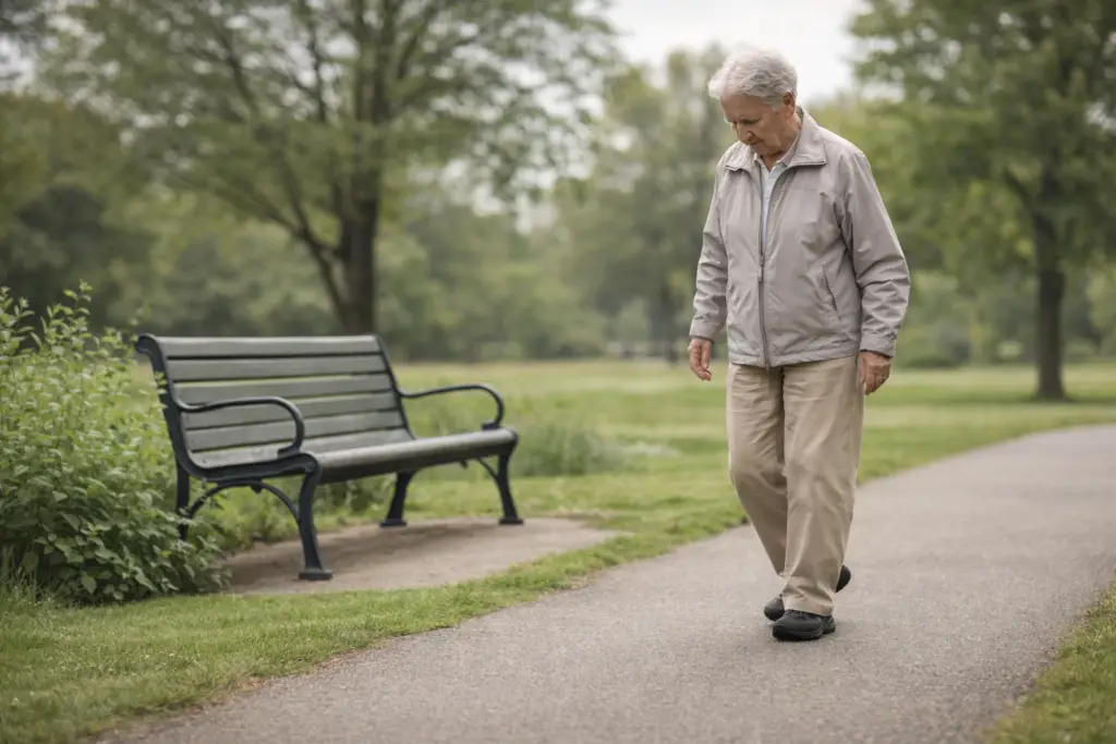 An older adult walking slowly outdoors on a flat paved path, moving carefully with shorter steps. A bench is visible nearby, suggesting limited walking distance.