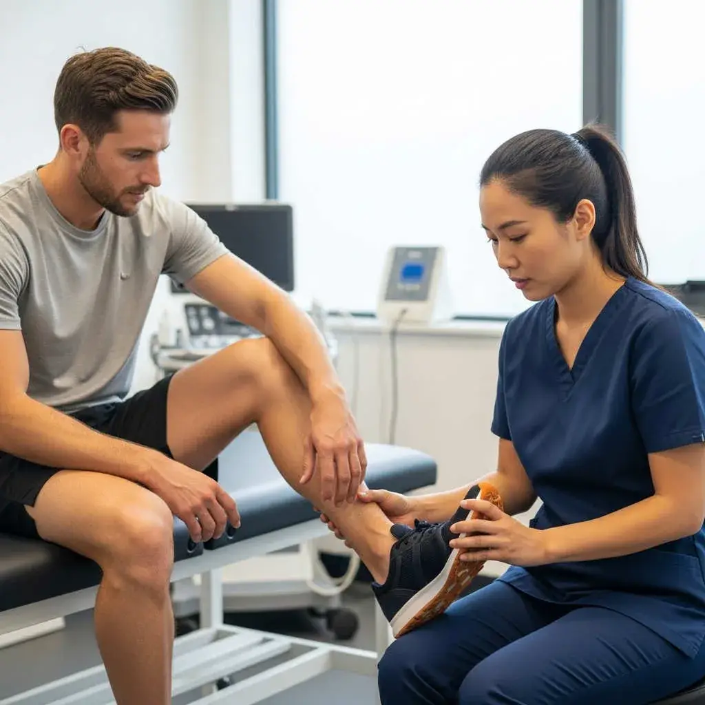 An MSK Podiatrist conducting a thorough foot examination to diagnose the root cause of activity-related pain.