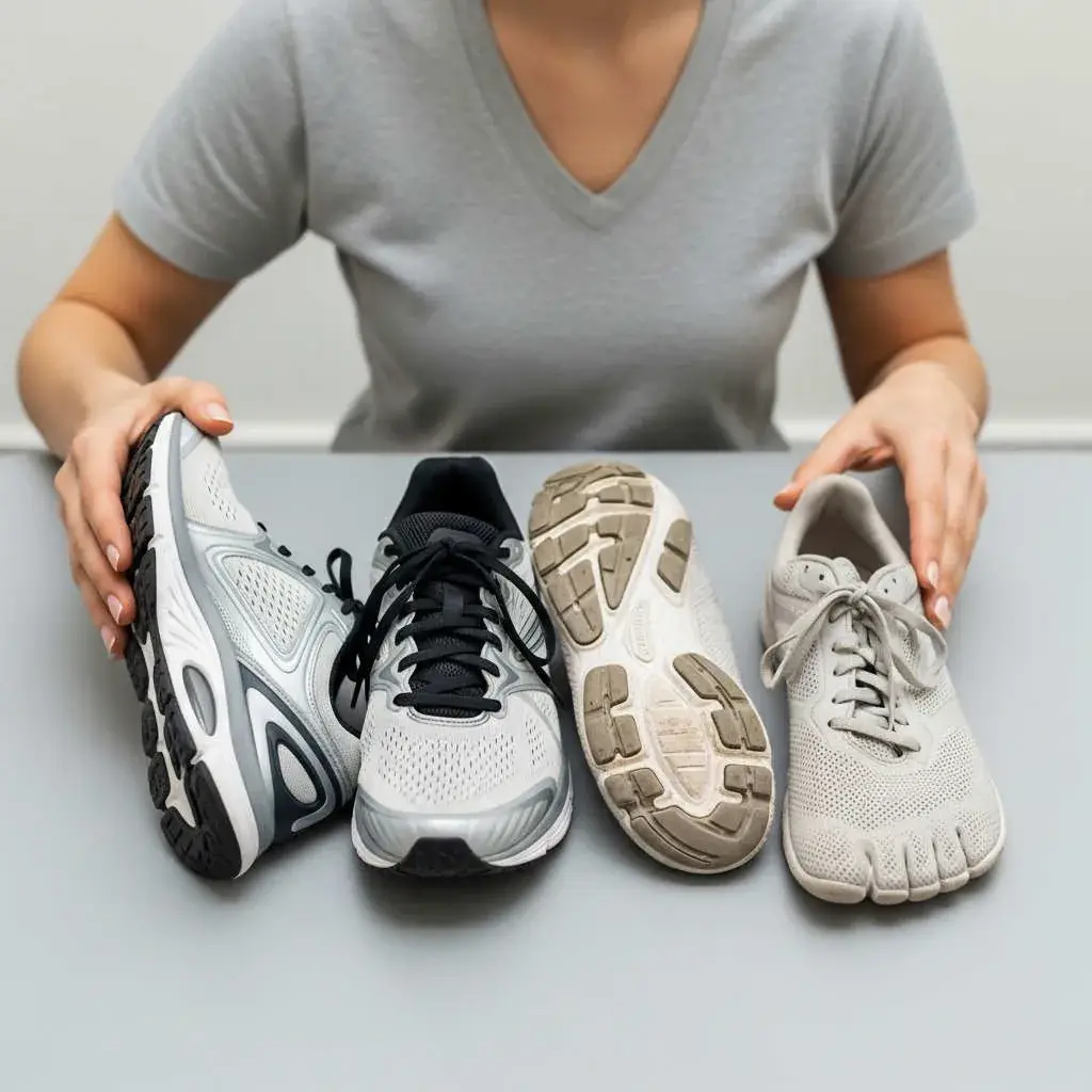 Supportive running shoe features (left) contrasted with a minimalist shoe (right); appropriate footwear is key in managing plantar fasciitis.