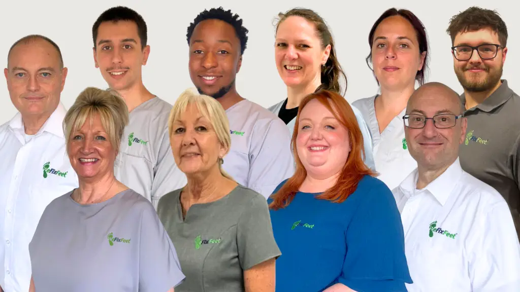 Group image of the We Fix Feet team - Podiatrists, Sports Therapist, Advanced Practitioners and Customer Experience Coordinaotrs